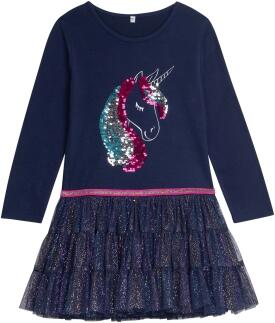 DANAMADE Mädchen Kinder Kleid Einhorn blau