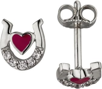 Kinder Ohrstecker Silber Hufeisen mit rotem Herz
