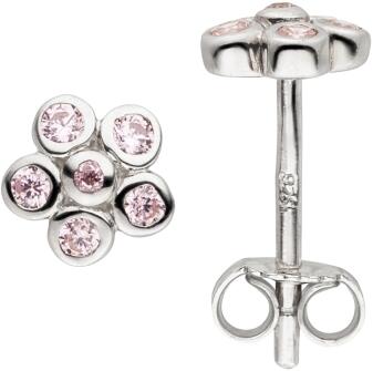 Kinder Ohrstecker Silber Blume mit rosa Zirkonia