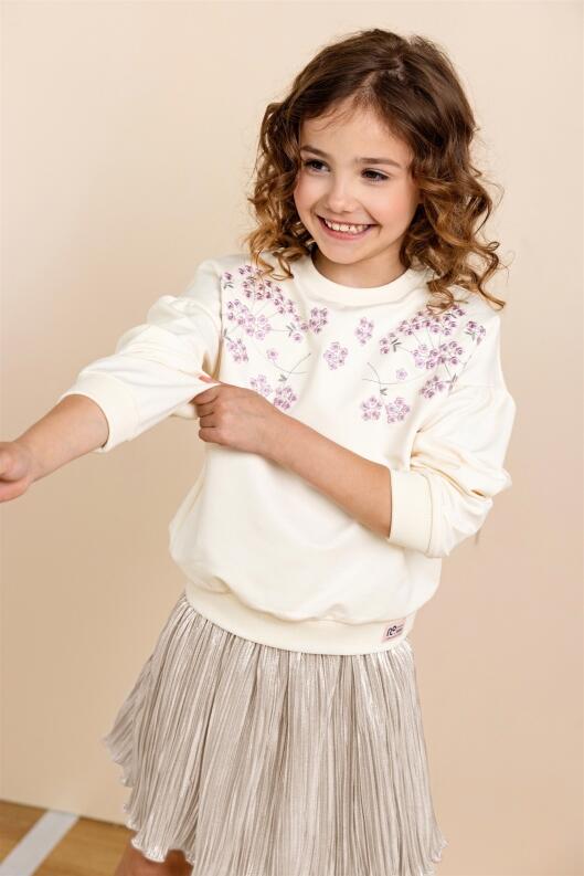 Nono Mädchen Sweatshirt mit lila Stickerei pearled ivory